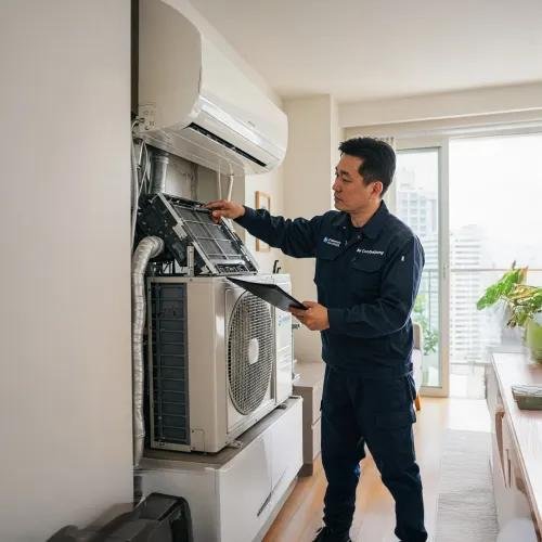 HVAC technician performing air conditioning maintenance